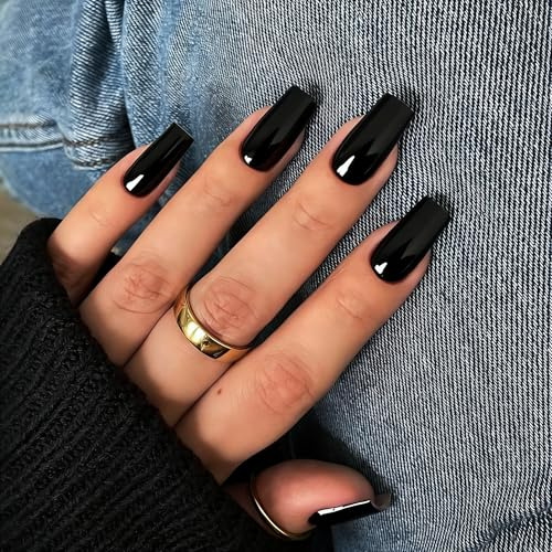 KQueenest Press On Nails Lange Mandel Eckig, Sarg Nägel zum Aufkleben Schwarz, Glänzende Jelly-Gel Fake Nails Fingernägel zum aufkleben Ballerina, Einfarbig Acryl Kunstnägel für Frauen, 24 Stück