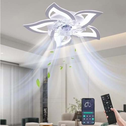 UOEONR Sourdine Ventilateur de plafond ave Lumières LED et télécommandes, Plafonnier De Chambre à Coucher 50W ave Lampe à Intensité Variable APP, pour Salon, Cuisine (Blanc, 69 CM)
