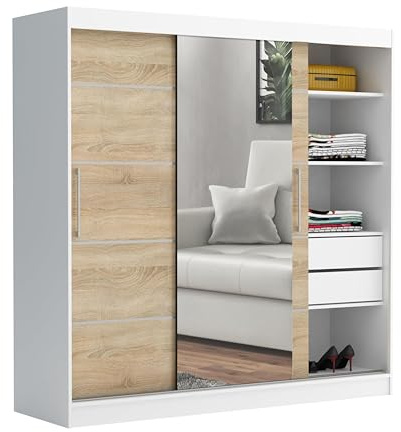 Brent - Kleiderschrank mit Spiegel und Schubladen 200cm Breit Chelsea Tomy, Schwebetürenschrank mit Spiegel, Schlafzimmerschrank, Kleiderschrank Weiß/Sonoma Eiche
