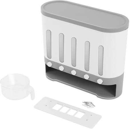Dispensador de cereales de 5 compartimentos, 10 litros, dispensador de alimentos secos montado en la pared, dispensador de cereales de cocina, cereales, arroz, comida seca, recipiente con vaso para