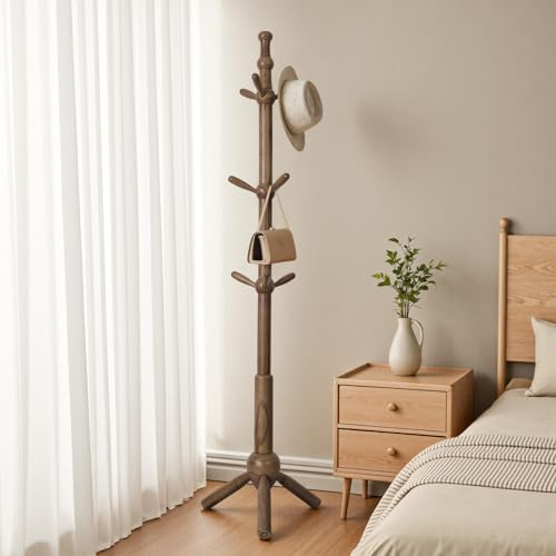 Bekrvio Perchero de madera maciza 100% con 9 ganchos, perchero de madera – Altura ajustable, soporte independiente para chaqueta con forma de árbol, acabado nogal y madera de caucho para pasillo