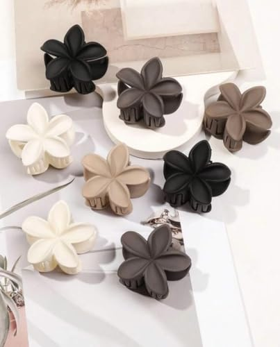 Pinces à Cheveux Fleur Plumeria, 6 x 9 cm, Lot de 8, Blanc/Noir/Marron/Beige