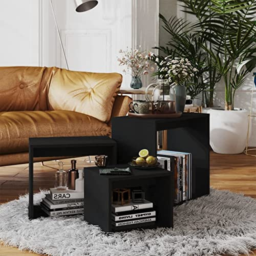 QUAHEAS Satztische 3-TLG. Schwarz Holzwerkstoff, Platzsparendes Design für Wohnzimmer, Schlafzimmer, Beistelltisch und Nachttisch, Modernes Möbelstück