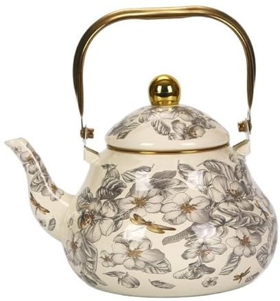 Vintage Enamel Tea Kettle Retro Design, Floral Design Steel Teapot Hot Water Boiling Pot for Induction, Gas Stove, Wood Burning(20cm)