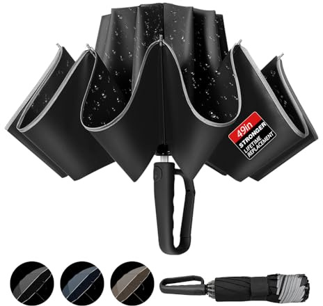 TOPSAIL 10 Ribs Inverted Umbrella with Carabiner Handle, Large Strong Windproof Umbrellas for Rain & Sun, 49 Portable Reverse Folding Compact Travel Umbrella with Safe Reflective Strip, for Women Men-Black