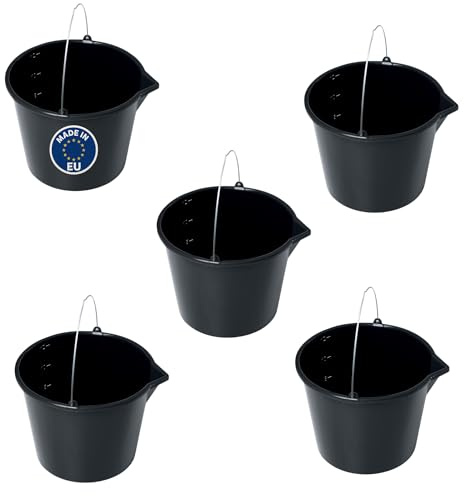 Schwarzer Eimer mit Skala & Ausgießer – 12L – robuster Kunststoffeimer mit Henkel – Putzeimer, Wassereimer, Zementeimer – für Baustelle, Garten & Haushalt – Sets 5 Stück (5, 12L)