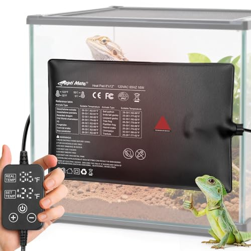 Reptile Heating Pad with Internal Sensor&Thermostat, 8 x 12 16W Under Tank Heater Mat for 10-40 Gallon Tanks, IP67 Waterproof Safe Heat for Turtles, Bearded Dragons, Snakes, Lizards and Seedling