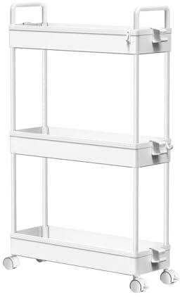 White 3-Tier Ultra Slim Plastic Trolley on Wheels, Utility Cart | 9 Hooks and 2 Cups, Kitchen Slide-Out Storage Shelves Rolling Cart - Makeup Storage, Cleaning Caddy, Bathroom Shelves Unit