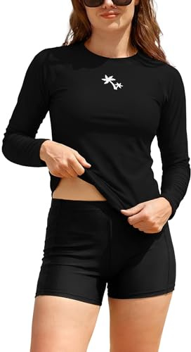 SHEKINI Womens 2 Piece Long Sleeve Rash Guard UPF50+ Swimsuit | Long Sleeve UPF50+, Swim Shirt Without Padding, Boyshorts with Pockets, 82N 18E Quick Dry Swimming Costume, Swimwear