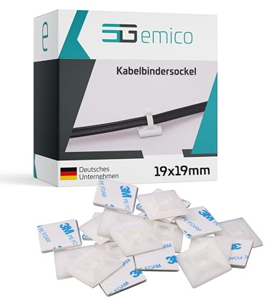 emico Kabelbindersockel 19x19 mm - für Kabelbinder bis 3,6 mm Breite - 50 Stück Natur - Kabelbinderhalter aus PA 6.6 - Selbstklebend (3M Kleber) & RoHS-konform - Praktische Befestigung für Kabel