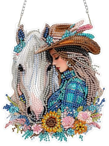 AIRDEA Cowgirl Diamond Painting Fensterbilder, 5D Brillante Weißes Pferd Diamond Painting Fensterbilder Beidseitig, Bausätze für Diamantmalerei Suncatcher Erwachsene