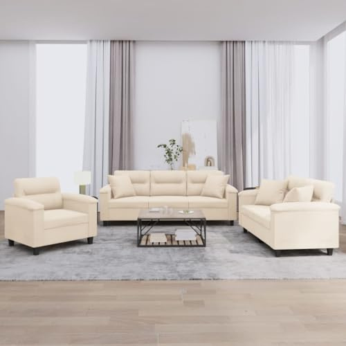 Holamys 3-TLG. Sofagarnitur mit Kissen, Beige Mikrofasergewebe, Robustes Metall-Sperrholzgestell, Bequeme Polsterung für Wohnzimmer, 1 Sessel, 1 Zweisitzer, 1 Dreisitzer