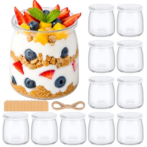 Acrrynii 12 pezzi Vasetti per Yogurt con Coperchio 200ml, Piccoli Vasetti Yogurt Vetro, Barattoli per Yogurt, Contenitori in Vetro per Budino e Yogurt