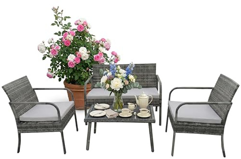 Relaxdays Set da Giardino, 4 pz, Rattan Sintetico, Panca 2 posti, 2 sedie & Tavolo, Grigio