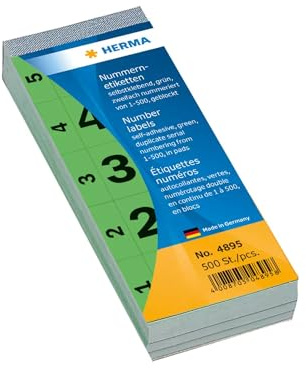 HERMA 4895 Nummernblock Zahlen 1-500, doppelt, 500 Stück, 56 x 28 mm, selbstklebend, matt, 2fach fortlaufende Papier Nummernetiketten Zahlenetiketten Anlagenummern, rot