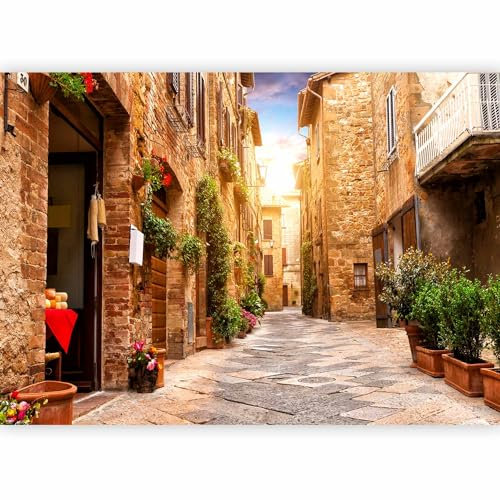 Fotomurales B&D XXL - 150x105 cm XXL Papel pintado tejido no tejido Decoración de Pared decorativos Murales moderna de Diseno Fotográfico Italia Toscana Calle Ciudad Ladrillo Flores d-B-0077-a-a