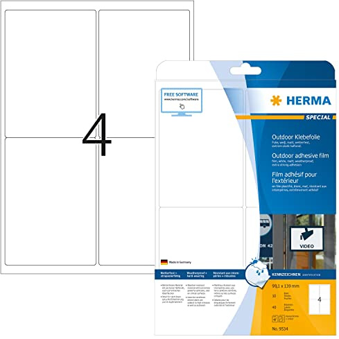 HERMA 9534 väderbeständiga folieetiketter A4 (99,1 x 139 mm, 10 ark, polyeten, matt) självhäftande, utskrivbara, extremt stark häftande utomhus filmetiketter, 40 klistermärken, vit