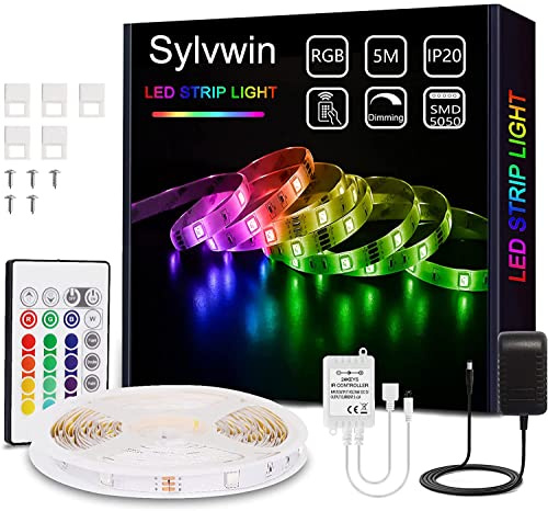 sylvwin Tiras LED, Tiras de Luces LED RGB de 5m con Control Remoto,Tiras de Luz LED con 16 Cambios de Color y 4 Modos para el Hogar, Dormitorio, TV, Decoración de Gabinetes, Fiesta