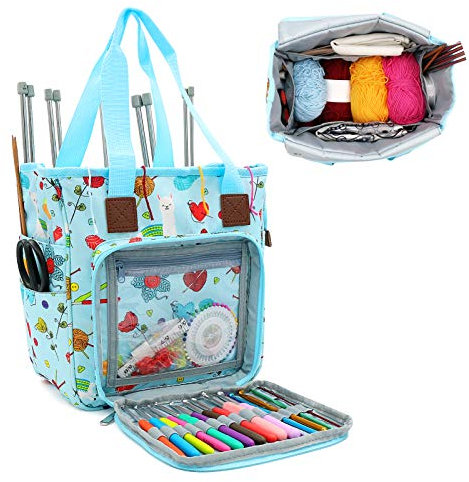 SumDirect Garntasche, Strick-Organizer, Tragetasche, tragbare Aufbewahrungstasche für Garne, Trageprojekte, Stricknadeln, Häkelnadeln, Handbücher und anderes Zubehör (süßes Blau)