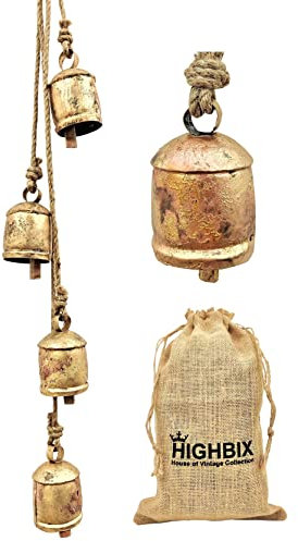 HIGHBIX Harmony - 4 Campanas de Vaca en Cuerda Grandes rústicas Vintage de la Suerte en Cuerda para Colgar en la Pared (Dorado)