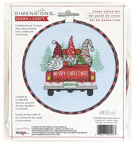 Dimensions Red Truck and Holiday Gnomes Kit de Punto de Cruz de Navidad, Tela de bambú, 14 Unidades. Aida Azul Claro, 6 D, 6