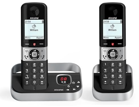 ALCATEL F890 Voice Duo - Cordless Phone DECT With Answering Machine - High Resolution Graphic Display - Handsfree - Call Barring - VIP Ringtone - 50 Min Answering Machine - 2 Handsets - Black/Grey