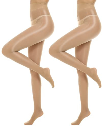 MANZI Ölig Glanzstrumpfhosen Damen Sexy Seidenglatt Feinstrumpfhose 15 Den | Nylon Strumpfhose Glänzend Seidenstrumpfhose Reißfest Schwarz Hautfarbe Braun Weiß,2 Paar