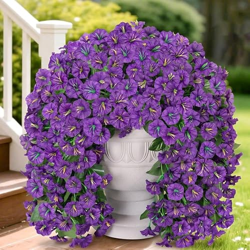 HyeFlora Artificial Fake Hanging Flowers Plants for Outdoor Outside Summer Decoration, 2PCS Faux Silk Morning Glory Purple UV Resistant Look Real Trailing Vines for Home Planter Porch Patio
