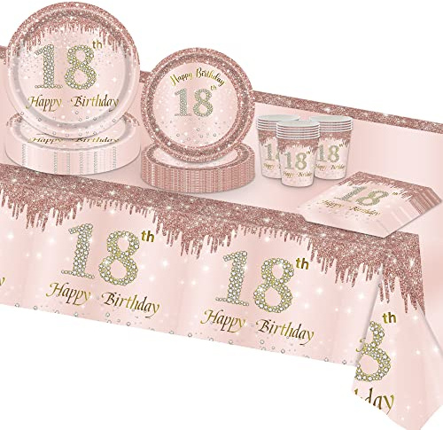 TOPWAYS Roségold 18 Geburtstagsdeko Partygeschirr Set, 18 Geburtstag Mädchen Frauen Happy Birthday Decorations Pappteller Einwegteller Tischdecke Pappbecher Servietten (16 Gäste) (Geburtstag 18.)