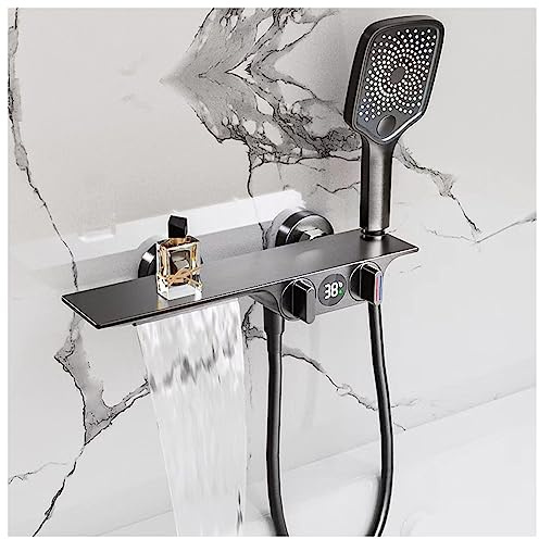 SWHC Badewannenarmatur mit Handbrause, Badewannenarmatur mit Großer Ablage, 38℃ Thermostat Wasserfall Mischbatterie Badewanne Wandmontage LED Anzeige Wasserhahn Badewanne Grau