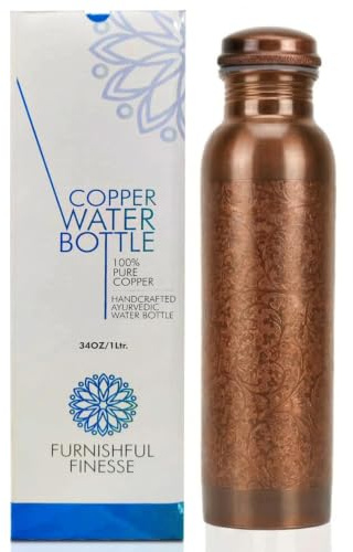 FURNISHFUL FINESSE Kupfer-Wasserflasche, Flasche aus antik-schwarzem Kupfer, Kupfergefäß für Yoga, Fitnessstudio, Wandern, ayurvedische Wasserflasche – 1000 ml (34 oz) – 1 Stück