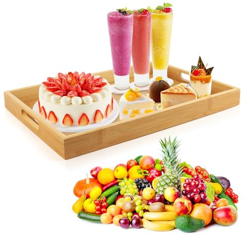 MXTIMWAN Bandeja de Madera, Bandeja Bambú para Servir con Asas, Bandejas para Servir Comida, Bandeja Rectangular Cocina, Bandejas Decorativas para Desayuno, Bebidas, Aperitivos, Decoración del Hogar