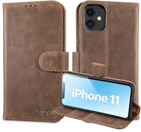 LENSUN Echtleder Hülle für iPhone 11, Vintage Dunkelbraun | Echtes Leder, Standfunktion, 3 Kartenfächer, Retro Handytasche, Lederhülle Klappbar, RFID Blocker
