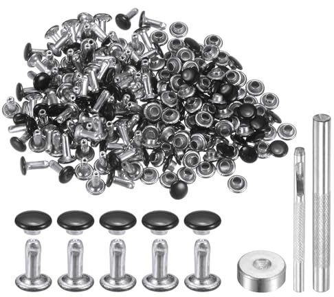 QUARKZMAN 100 Set Rivetti in Pelle 6mm x 8mm Elementi Fissaggio Borchie Rivetto a Doppio Cappuccio Metallo 3Pz Montaggio Chicago per Borse Pelle Riparazioni, Nero Brillante