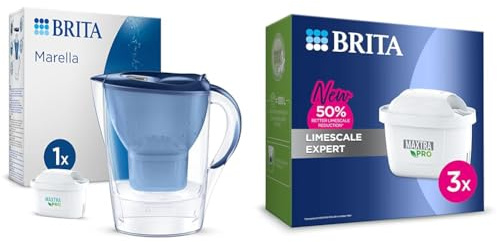 BRITA Marella Water Filter Jug Blue (2.4L) incl. 1x MAXTRA PRO All-in-1 cartridge & MAXTRA PRO Limescale Expert Water Filter Cartridge 3 Pack - Original BRITA refill for ultimate appliance