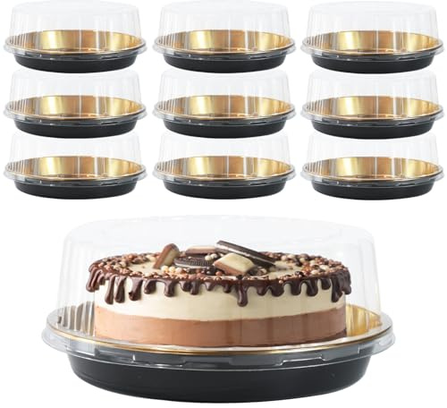 FEOOWV Portatorte rotondi trasparenti + oro da 25,4 cm per trasporto, contenitori per torte in plastica con coperchi a cupola e basi per torte, scatole trasparenti per torte Bundt (10)
