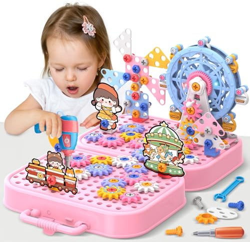 Spielzeug ab 3 4 5 6 Jahre Mosaik Montessori Steckspiel mit Bohrmaschine Werkzeugkoffer Pädagogisch Kreativ Spielzeug Kinder Steckspiel Lernspielzeug Geschenke für 3 4 5 6 Jahren Jungen Mädchen