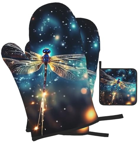 Mexpekil Lot de 3 gants de cuisine et maniques fantaisie galaxie libellule résistants à la chaleur antidérapants 1 paire de gants de four, 1 tapis de manique pour la cuisson, le barbecue, la cuisson