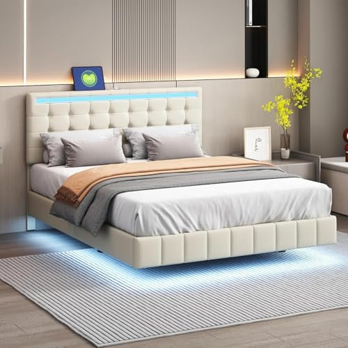 BRILVERDE Polsterbett 160x200 mit LED und USB, Schwebebett mit Kopfteil, Jugendbett mit Lattenrost, Bettgestell für Erwachsene, Leinen (Beige, 160 x 200 cm)