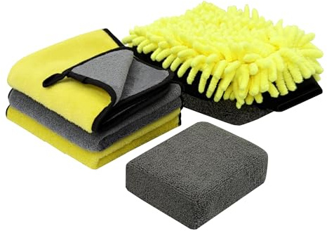 MUXUN Car Washing Kit, 5 Pcs Car Cleaning Kit 3 Microfibre Cleaning Cloth 1 Wash Gloves and 1 Microfibre Wax Pad, Wash Kit For Car Washing Care Polishing