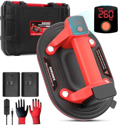 DEWINNER 10'' Ventosas Para Cristal, Cada Ventosa Soporta 260 Kg, Profesional Ventosas Para Azulejos 2 * 3000 Mah Bateríes, Pantalla LCD, Incluye Caja de Herramientas, Para Levantar Vidrio y Mármol