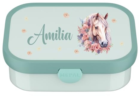 Mepal Boîte à goûter motif cheval personnalisée, boîte à déjeuner pour enfant avec compartiments, boîte à déjeuner Campus avec nom imprimé coloré (menthe)