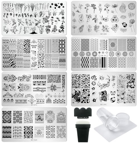 AddFavor Nail Stamping Plate Kit with Nail Stamp and Scraper, 6pcs Leaves Flower Nail Stamper Kit for Home Salon Manicure Polish Print Stencils Design Tools