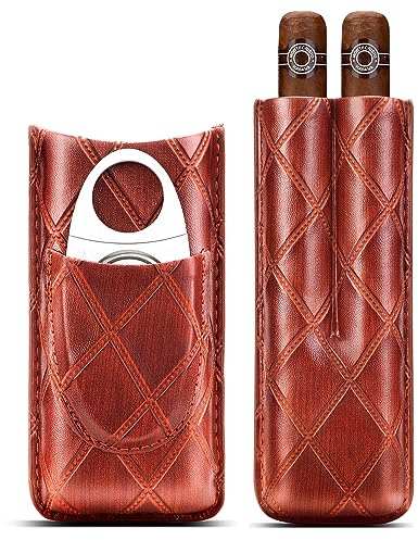 CIGARLOONG Cigar Case Humidor, Leather Cigar Case Tube can Hold 2 Cigars, Equipped with Cigar Cutter Stainless Steel, Cut Within 55 Ring with Gift Box (Brown)