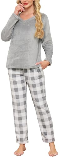 Sopesil Pyjama Femme Hiver Polaire à Carreaux Ensembles de Pyjama Femme en Flanelle Manches Longues Pyjamas avec Col V et Poches Chaud et Confortable Tailles S-XXL