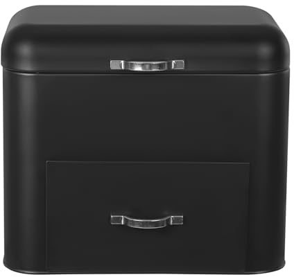 Double Layers Bread Storage Bin 2 Layer Iron Bread Box with Top Lid and Drawers Kitchen Drawer Type Storage Box for Storing Fresh Loaves, Cookies, Pastries and Other Daily Necessities, Black