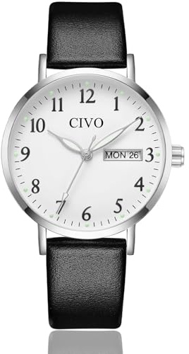 CIVO Reloj Mujer Fácil de Leer: 35mm Esfera Grande con Números Arábigos y Agujas Fecha Día - Analógico Reloj de Pulsera con Correa de Cuero Negro para Uso Diario Informal Regalo