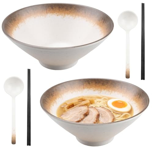 Doafoce Juego de 2 Cuenco de Ramen De Plástico de Melamina Grandes Ramen Bowl con Palillos y Cuchara Tazones Ramen Bol Para Pastas Fideos de Sopa Cereales, 1100ml