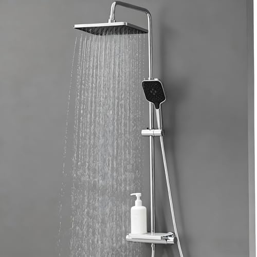 Auralum Système de douche avec thermostat et étagère en verre, mitigeur de douche complet avec douche à effet pluie, douche de tête de 30,5 cm, pommeau de douche à 3 types de jet, économe en eau