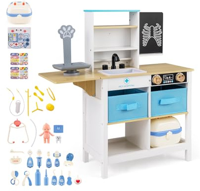 COSTWAY Kit Medico Giocattolo in Legno, Centro Veterinario Pieghevole con Bilancia Animali e 22 Accessori, Gioco Educativo Simulazione Dottore, Regalo per Bambini 3-6 Anni (Bianco)